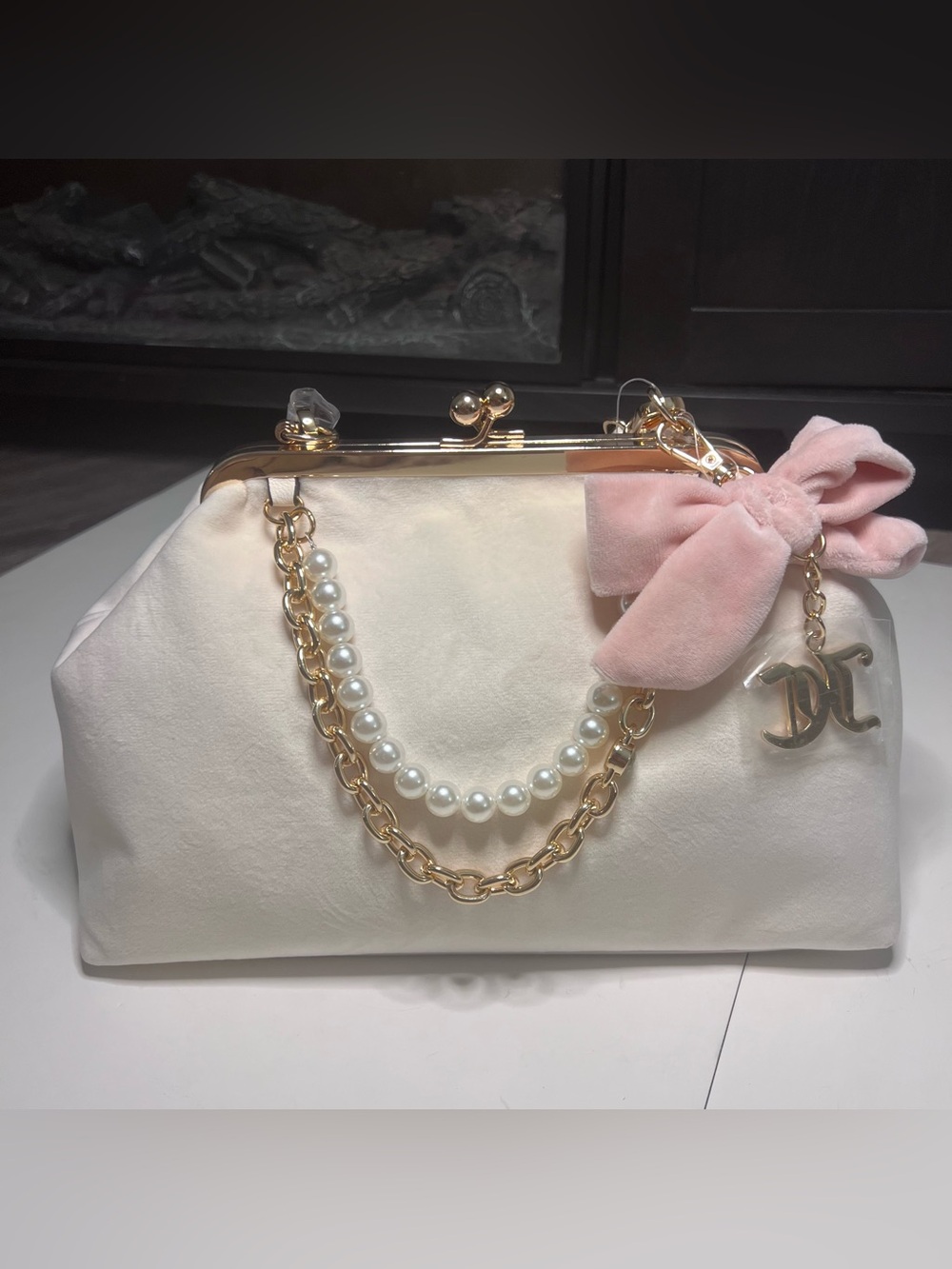 Juicy Couture Cream Satin Frame Shoulder Bag with Pink Bow
